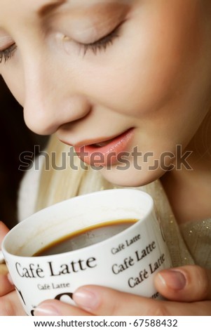 Shots Espresso on Beautiful Woman Drinking Coffee  Studio Shot  Stock Photo 67588432