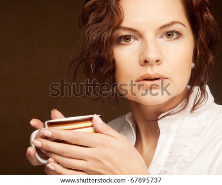Shots Espresso on Beautiful Woman Drinking Coffee  Studio Shot  Stock Photo 67895737