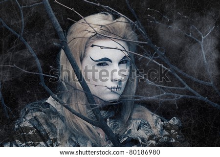 extravagant woman with dress paper news. Creative visage, Dark Side.
