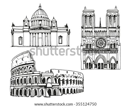 Attractions of the world. Saint Isaac\'s Cathedral in Russia, Notre Dame de Paris Cathedral in France, Coliseum in Italy. Vector illustration isolated on white background