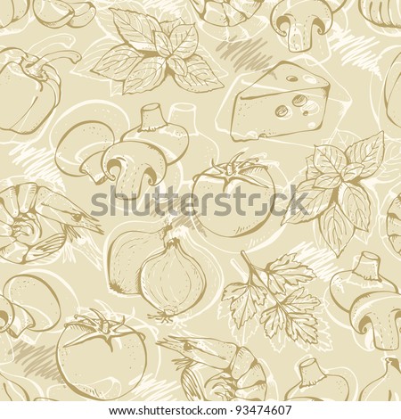 Background from hand-drawn pizza ingredients on a beige Background from hand-drawn pizza ingredients on a beige