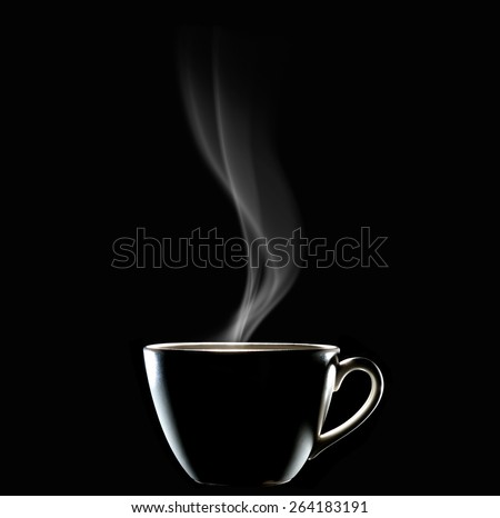 Cup of coffee with smoke on black background, This photo is available without smoke