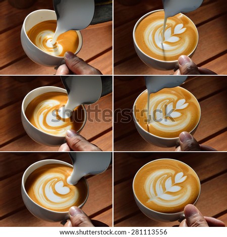 Steps of making cafe latte art, tulip shape