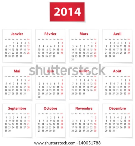 Calendar For 2014 Year In French On White Paper. Vector Illustration 