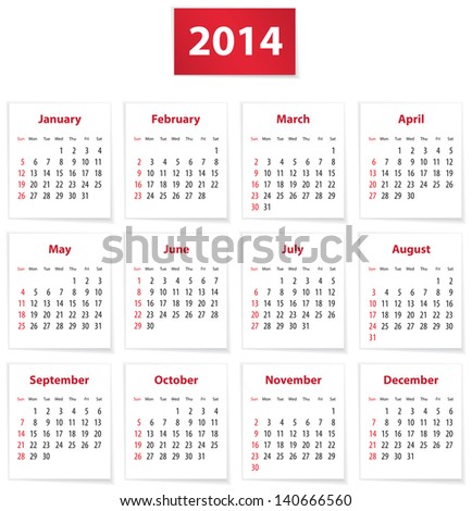 Calendar for 2014 year on white papers in English