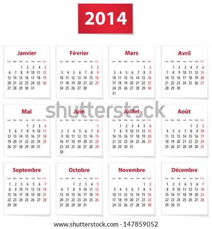 Calendar for 2014 year in French on white paper