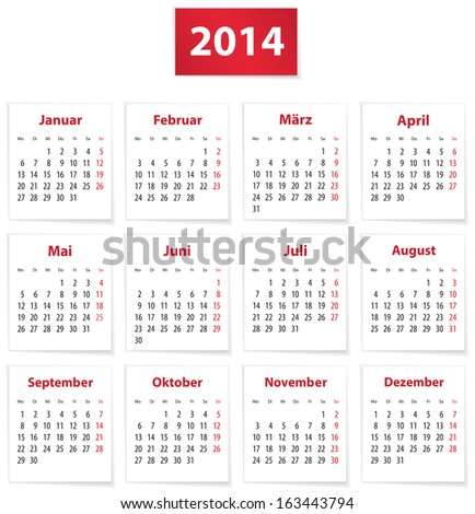 Calendar for 2014 year on white papers in German