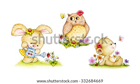 Bunny, Teddy bear and Owl in the garden