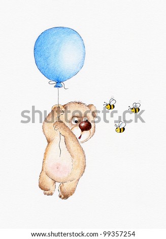 teddy bear flying with balloons