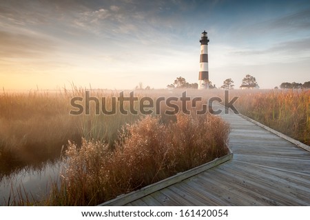 Bodie Island Lighthouse Foggy Boardwalk OBX Cape Hatteras North Carolina in Autumn
