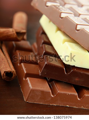 Stack of chocolate pieces on a wood background