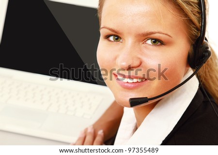Young customer service operator with laptop isolated