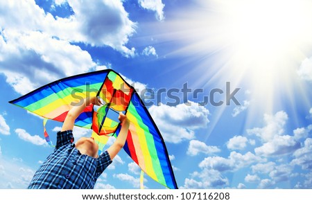 Happy little boy flies a kite in the sunny sky