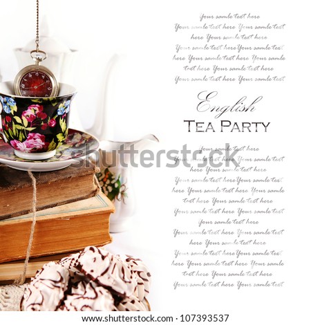 English tea party theme background with pocket watch and books
