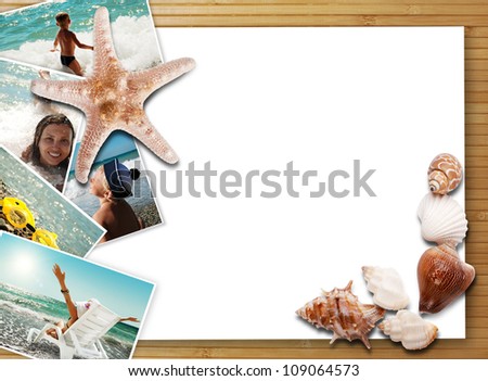Still life with sea shells, summer photos and white card