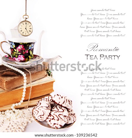 English 5 o\'clock Tea Party Ceremony  with vintage pocket watch and sweets