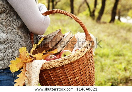 Closeup image picnic basket with apples, books and handmade shawl in woman hand