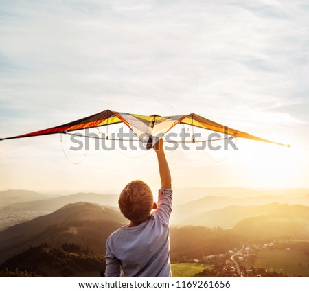 Boy takes a kite over his head