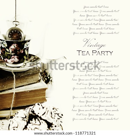 Vintage traditional english tea party background with old books and pocket watch