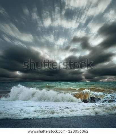 View of Sea surf stormy landscape with cloudy sky