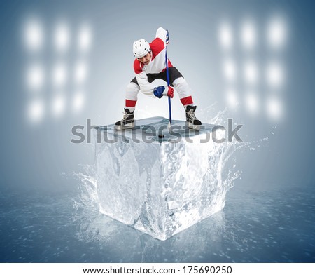 Conceptual Hockey game picture. Face-off player on the ice cube