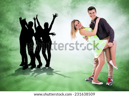 We love to dance all time. Dancing teen couple on bright grunge background