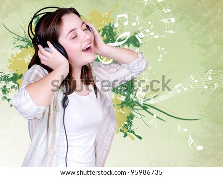 Singing Teenage girl in headphones on green abstract background with musical elements