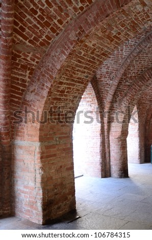 Medioeval brick arches in Chivasso, Torino, Italy, Europe