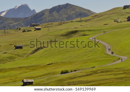 Alpe di Siusi and Marmolada glacier: panoramic landscape in summer, Italy Dolomites