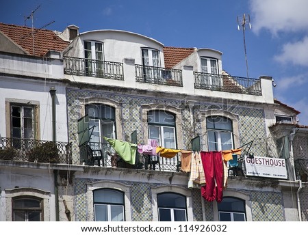 Laundry drying on a line at a guest house in Cascais Portugal.