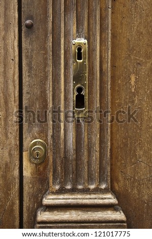 Lock set in and old wooden door in a house in St. Remy in the Provence section of the South of France.