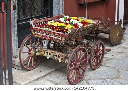 Flowers in a cart in a garden in Istanbul Turkey.