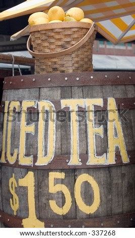 Sign at a push cart selling iced tea and lemonade at the South Street Seaport in New York City,