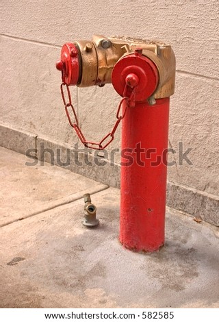 Red and gold fire hydrant sprinkler connection for a building in New York City.