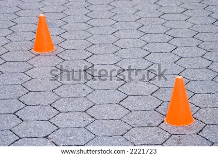 Two orange cones on a path made of hexagonal blocks in Central Park in New York City.