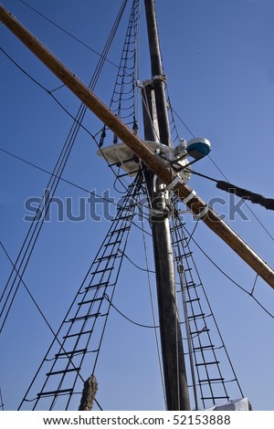Rigging of an old square rigged wooden sailing ship.