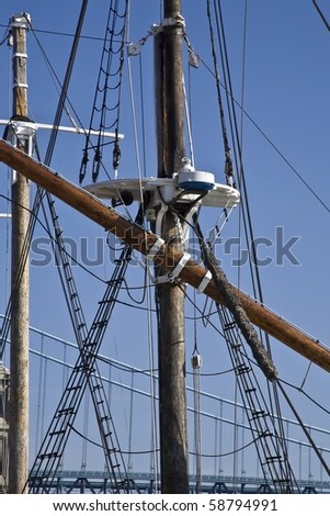 Rigging on a wooden sailboat docked in Philadelphia Pennsylvania along the Delaware River.