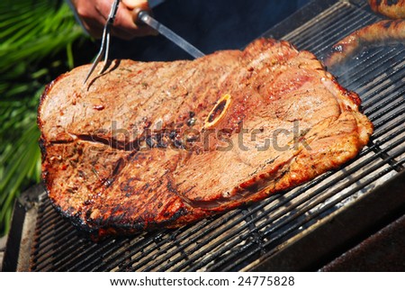 A well done grilled giant beef steak on a traditional South African barbecue (Braai) outdoors in summer