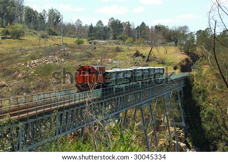The famous Apple Express train crossing the highest narrowest railway bridge in the world - the Van Stadens Bridge in the Eastern Cape Province in South Africa