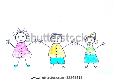 funny pictures drawn. stock photo : Illustration of three funny hand drawn children with happy 
