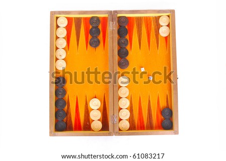 Top view of an old wooden Backgammon game board with buttons and dices. Image isolated on white studio background.
