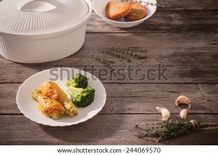 chicken on plate on wooden background