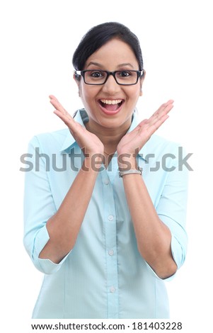 Young businesswoman smiling with open mouth and open palms