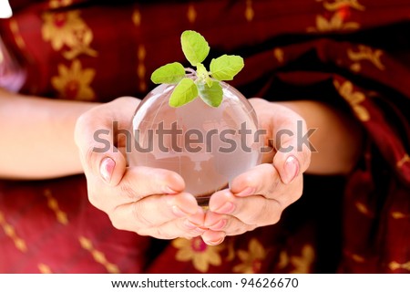Globe and green plant in the hands- Green world