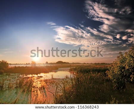 Landscape, sunny dawn at the river