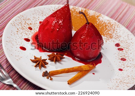 Sweet food, pear poached in red wine