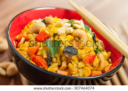 Asian fried rice meal in bowl , close-up