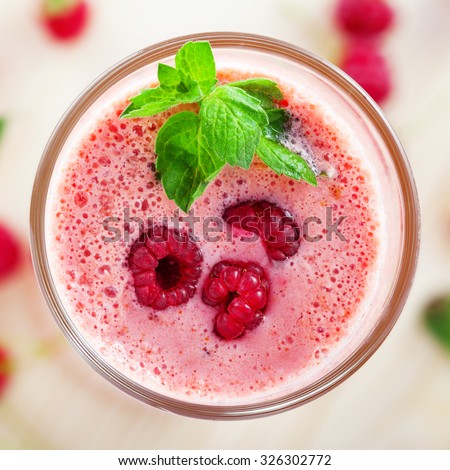 Fresh fruit raspberry mint smoothie, top view
