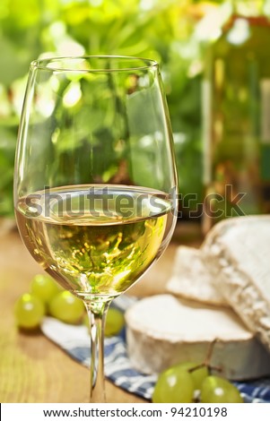 White wine, Brie, Camembert and grape on the wood surface, outdoor