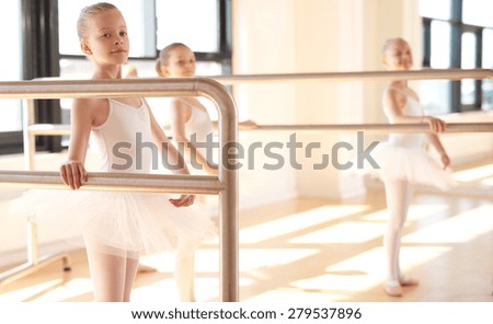 Group of young ballerinas in training at a classical ballet studio standing practicing together at the bar
